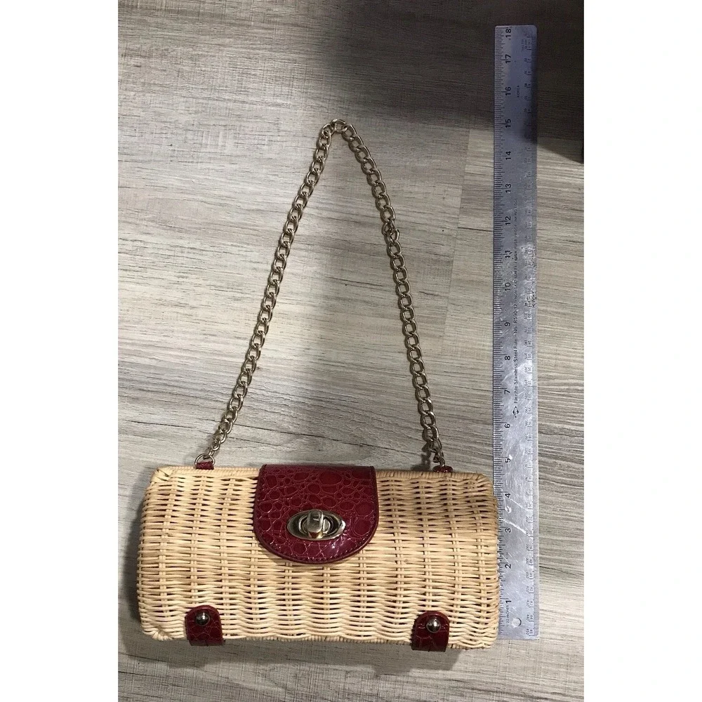 Vintage Straw Woven Handbag Red Leather Accents with Gold Chain